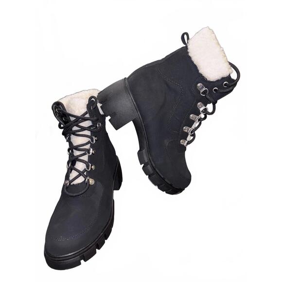 Shoes - Black Lace-Up Light Weight Heeled Women’s  Boots, Fuzzy Collar Vegan Material